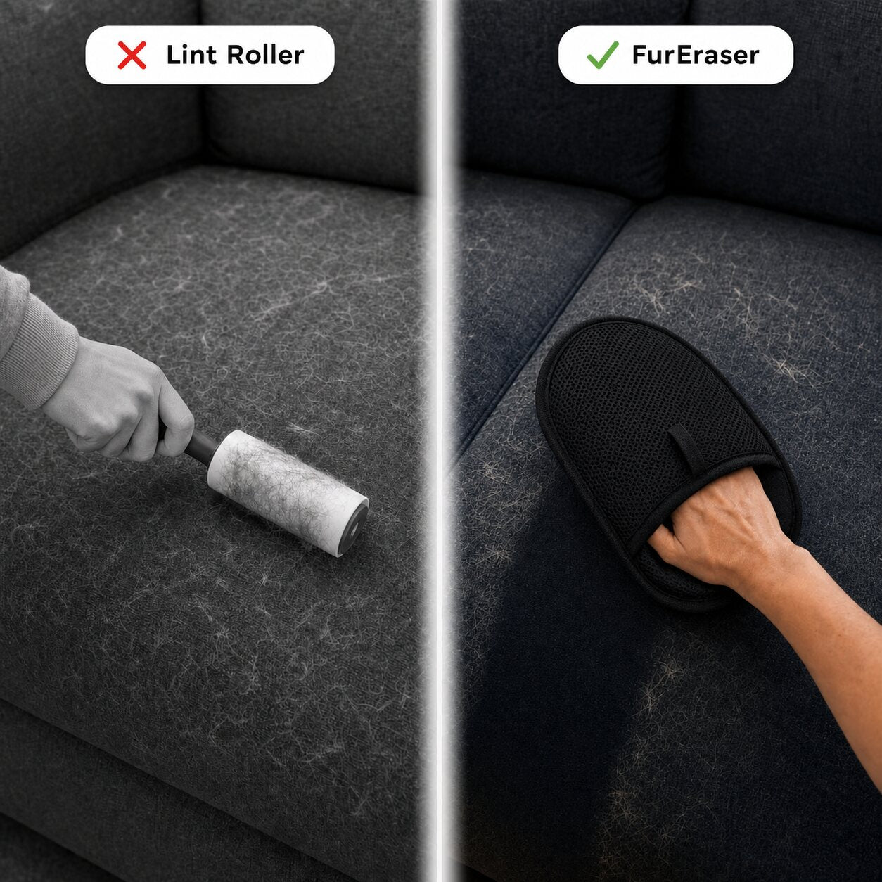 Before and after pet hair cleanup with FurEraser