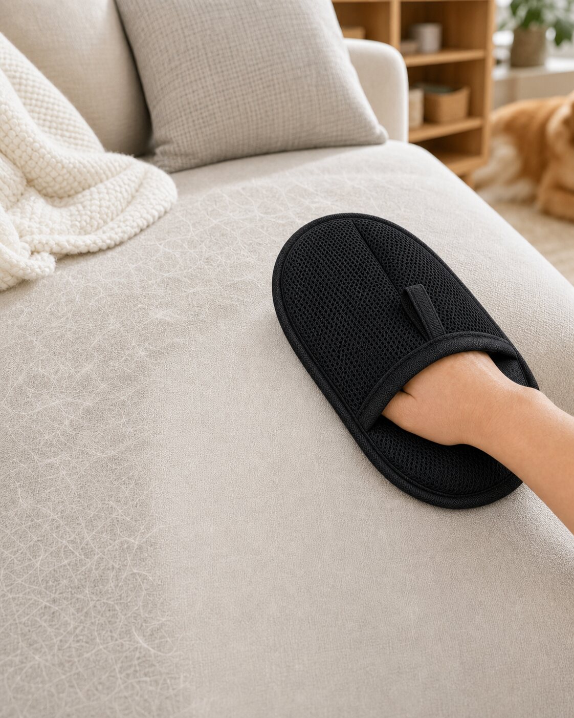 FurEraser glove shape cleaning a light sofa